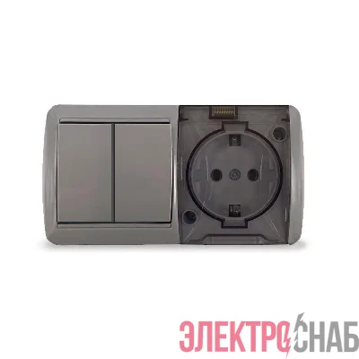 Блок ОП Клио 2-кл. выкл. 10А + розетка 1-м 16А 250В с заземл. с прозр. крышкой сер. Universal К2239-Gr