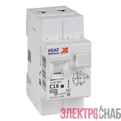 Выключатель автоматический дифференциального тока 2п C 16А 30мА тип AC 4.5кА OptiDin D63-22C16-AC-У3 с защитой от сверхтоков КЭАЗ 328098