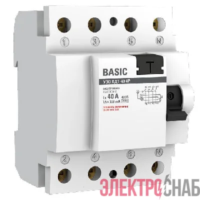 Выключатель дифференциального тока (УЗО) 4п 40А 300мА ВДТ-40 (электрон.) Basic EKF elcb-4-40-300e-sim