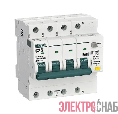 Выключатель автоматический дифференциального тока (АВДТ) 3P+N 25А 30мА A х-ка C ДИФ-103 6кА DEKraft 16430DEK