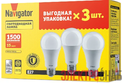 Лампа светодиодная 95 321 NLL-A60-15-230-4K-E27-PACK3 NAVIGATOR 95321