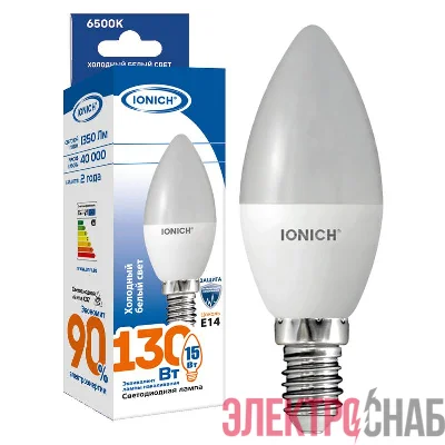 Лампа светодиодная C37 15Вт свеча 6500К E14 230В IONICH 1906