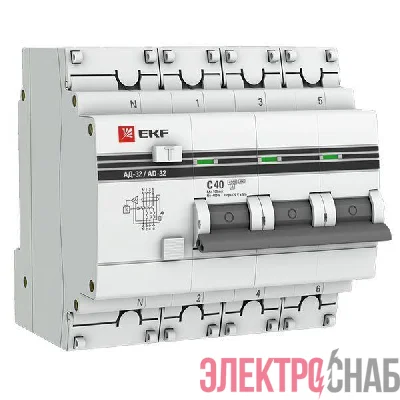 Выключатель автоматический дифференциального тока 4п (3P+N) C 40А 100мА тип AC 4.5кА АД-32 защита 270В электрон. PROxima EKF DA32-40-100-4P-pro