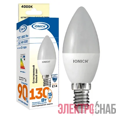 Лампа светодиодная C37 15Вт свеча 4000К E14 230В IONICH 1907