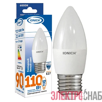 Лампа светодиодная C37 12Вт свеча 6500К E27 230В IONICH 1909