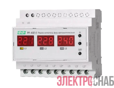 Переключатель фаз автоматический PF-451-1 (2 режима работы: с или без приоритетной фазы. Порог переключения: нижний 140-210В; верхний 240-300В; 3х63А монтаж на DIN-рейке) F&F EA04.005.005