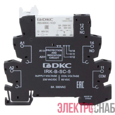Реле интерфейсное 1CO ком. ток 6А AgSnO2 напряжение 230В AC/DC винтовые клеммы DKC IRK-230UC-1CO
