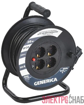 Удлинитель на катушке 4х20м 10А IP20 УК20 2P+PE 3х1 термозащита GENERICA WKP10-10-04-20-G