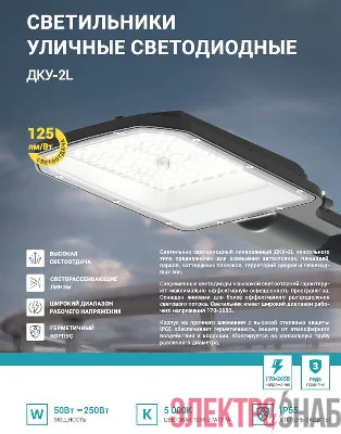 Светильник уличный линзованный светодиодный ДКУ-2L 50Вт 230В 5000К 6250лм 125лм/Вт 42-48мм IP65 NEOX 4690612057071