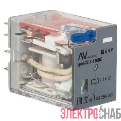 Реле промежуточное с кнопкой и мех. индикацией RPAt 22/3 10A 110В DC AVERES EKF rpat-22-3-110DC