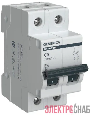 Выключатель автоматический модульный 2п C 6А 4.5кА ВА47-29М GENERICA MVA21-2-006-C-G