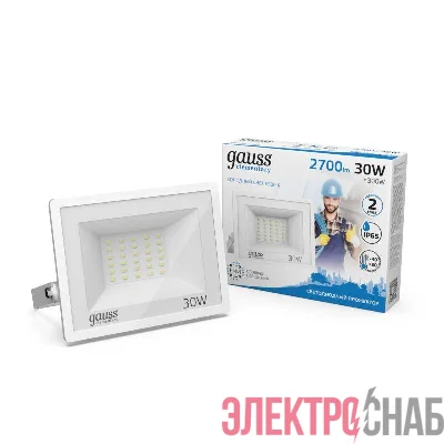 Прожектор светодиодный Elementary 30Вт 6500К IP65 2700лм 200-240В ДО бел. GAUSS 613120330