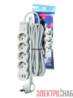 Удлинитель 4х3м с заземл. 10А IP20 USB type-Aх2 + type-C 2500Вт 220В ПВС 3х1 с выкл. бел. КОСМОС YKsm3m4g-Z-VU10А-W