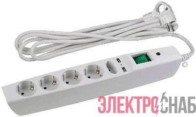 Удлинитель с сетевым фильтром 5х2м с заземл. 10А IP20 SFU-5es-2m-W 5гн+2хUSB защ. шторки с выкл. ПВС 3х0.75 бел. ЭРА C0043327