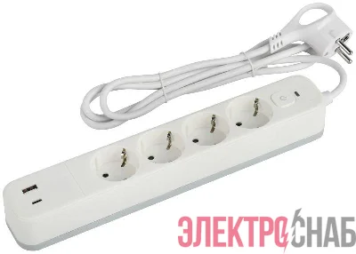 Удлинитель с сетевым фильтром 4х1.5м с заземл. 10А USF-4es-1.5m-2xUSBAC-W +2xUSBA+C3.1A с выкл. с базов. защитой Эра Б0059571