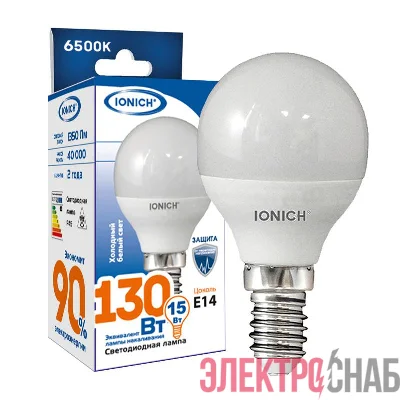 Лампа светодиодная P45 15Вт шар 6500К E14 1350лм 230В IONICH 1817