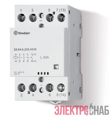Контактор модульный 4NO 63А AgSnO2 230В AC/DC 53.5мм IP20 опции: мех. индикатор FINDER 226402304310