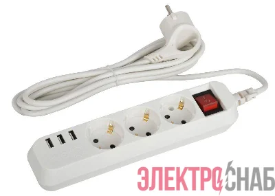 Удлинитель электрический U-3es-1.5m-USB с заземлением с выключателем 3 розетки+3xUSBA 1.5м 10А Эра Б0052900