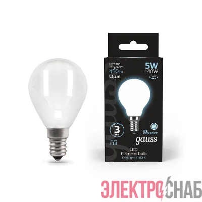 Лампа светодиодная филаментная Black Filament 5Вт P45 шар матовая 4100К нейтр. бел. E14 450лм GAUSS 105201205