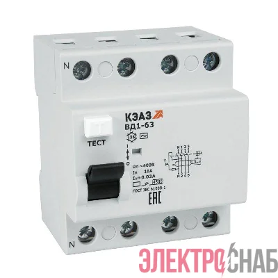 Выключатель дифференциального тока (УЗО) 4п 25А 30мА тип AC ВД1-63 4225 УХЛ4 КЭАЗ 221947