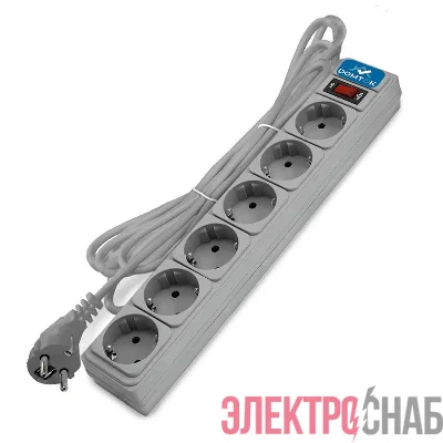 Удлинитель с сетевым фильтром 6х1.8м с заземл 10А IP20 2.2кВт ПВС 3х1 с выкл. сер. DOMTOK 2518