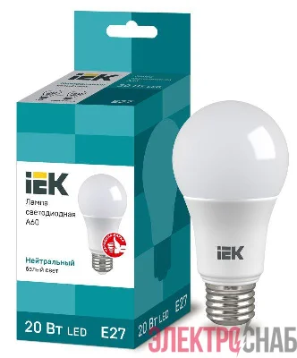 Лампа светодиодная Eco 20Вт A60 грушевидная 4000К нейтр. бел. E27 230В IEK LLE-A60-20-230-40-E27