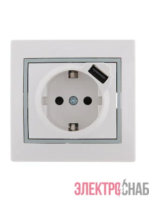 Розетка 1-м СП Mira 16А с заземл. + USB разъем с сер. вставкой бел. LEZARD 701-0215-181