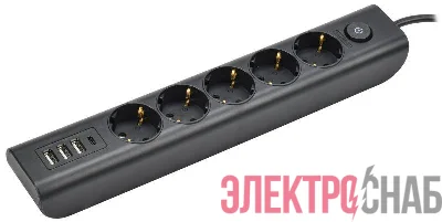 Удлинитель 5х2м с заземл. 16А 250В MODERN У05В с выкл. USBх4 (type-Aх3шт + type-Cх1шт) ПВС 3х1 черн. IEK WYP12-16-05-02-ZKU-K02