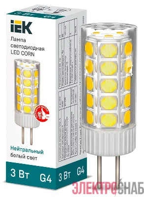 Лампа светодиодная Corn 3Вт капсульная 4000К нейтр. бел. G4 12В керамика IEK LLE-Corn-3-012-40-G4