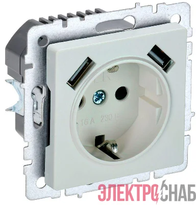 Розетка BRITE РЮш10-1-БрЖ 16А с USB A+A 2.1А с заземл. защ. шторки механизм жемчуж. IEK BR-R14-16-U21-D21-K36