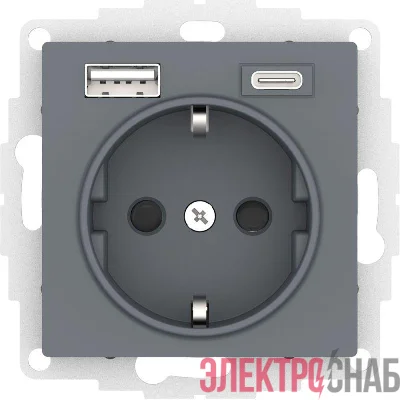 Розетка AtlasDesign 16А с 2-мя заряд. устройствами USB тип A+C 5В/2.4А 2х5В/1.2А механизм грифель SE ATN000732