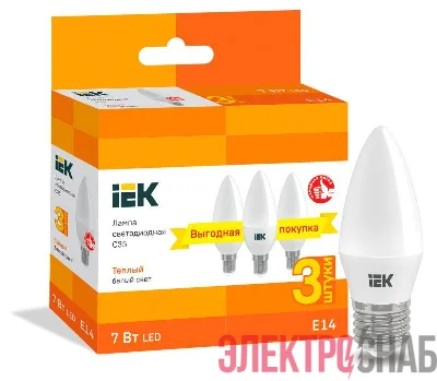 Лампа светодиодная C35 свеча 7Вт 230В 3000К E14 (уп.3шт) IEK LLE-C35-07-230-30-E14-3