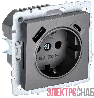 Розетка BRITE РЮш11-1-БрС 16А с USB A+C 18Вт с заземл. защ. шторки механизм сталь IEK BR-R14-16-U22-018-K46
