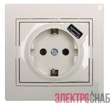 Розетка 1-м СП Мира 16А с з/к +USB крем. Lezard 701-0303-181