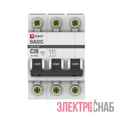 Выключатель автоматический модульный 3п C 20А 4.5кА ВА 47-29 Basic EKF mcb4729-3-20C