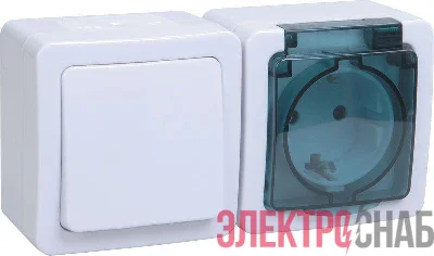 Блок ОП выключатель 1-кл. и розетка с заземл. контактом и крышкой для открытой установки бел. клавиша/дымчатая крышка БГб-22-31-ГПБд IP54 ГЕРМЕС PLUS IEK EBGMP20-K03-31-54-EC