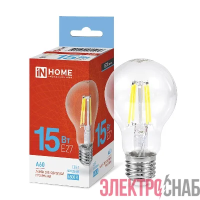 Лампа светодиодная филаментная LED-A60-deco грушевидная прозрачная 15Вт 230В E27 6500К 1480лм IN HOME 4690612055916