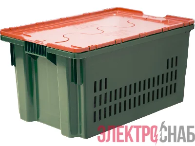 Ящик п/э 600х400х300 дно сплошное, стенки перфорированные, Safe PRO цв. зелёный с оранжевой крышкой 602-1 SP м 602-1 SP м
