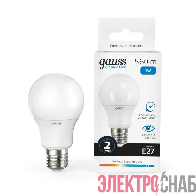 Лампа светодиодная Elementary 7Вт A60 грушевидная 6500К холод. бел. E27 560лм GAUSS 23237A
