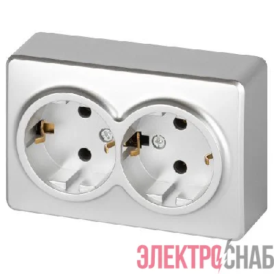 Розетка 2-м ОП Эксперт 11-2205-03 16А IP20 250В 2х2P+E Schuko с заземл. алюм. Эра Б0063046