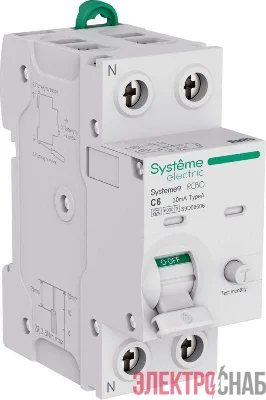 Выключатель автоматический дифференциального тока 2п (1P+N) C 6А 30мА тип A 6кА Systeme9 230В SE S9D56606
