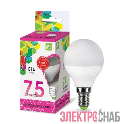 Лампа светодиодная LED-ШАР-standard 7.5Вт 230В E14 6500К 675Лм ASD 4690612019017