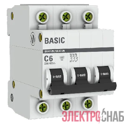 Выключатель автоматический модульный 3п C 6А 4.5кА ВА 47-29 Basic EKF mcb4729-3-06C