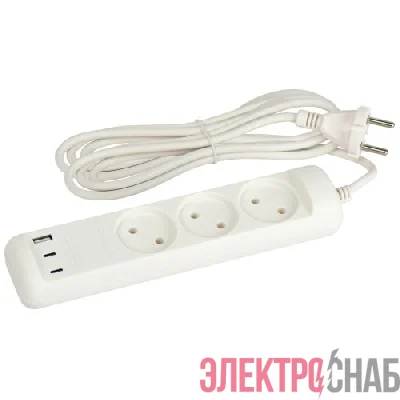 Удлинитель электрический U-3-3m-USB-W 3 розетки + 3xUSB A+C 3м 10А бел. Эра Б0069076