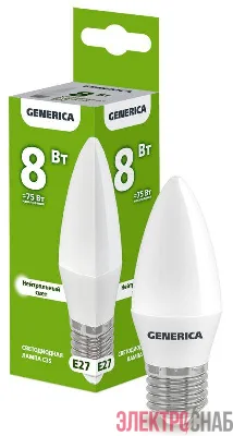 Лампа светодиодная C35 8Вт свеча 4000К E27 230В GENERICA LL-C35-08-230-40-E27-G
