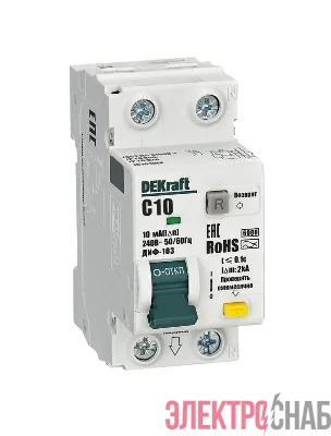 Выключатель автоматический дифференциального тока (АВДТ) 1P+N 10А 10мА AC х-ка C ДИФ-103 6кА DEKraft 16301DEK