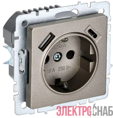 Розетка BRITE РЮш11-1-БрШ 16А с USB A+C 18Вт с заземл. защ. шторки механизм шампань IEK BR-R14-16-U22-018-K37