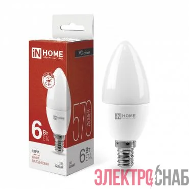 Лампа светодиодная LED-СВЕЧА-VC 6Вт свеча 4000К нейтр. бел. E14 570лм 230В IN HOME 4690612020396
