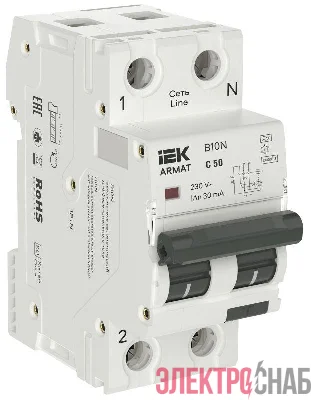 Выключатель автоматический дифференциального тока 2п (1P+NP) C 50 30мА тип A АВДТ B10N 36мм ARMAT IEK AR-B10N-1N-C050A030