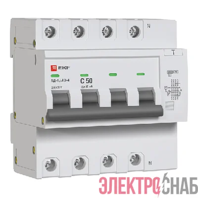 Выключатель автоматический дифференциального тока C 50А 30мА тип AC 6кА АД-4 (электрон.) защита 270В PROxima EKF DA4-6-50-30-pro